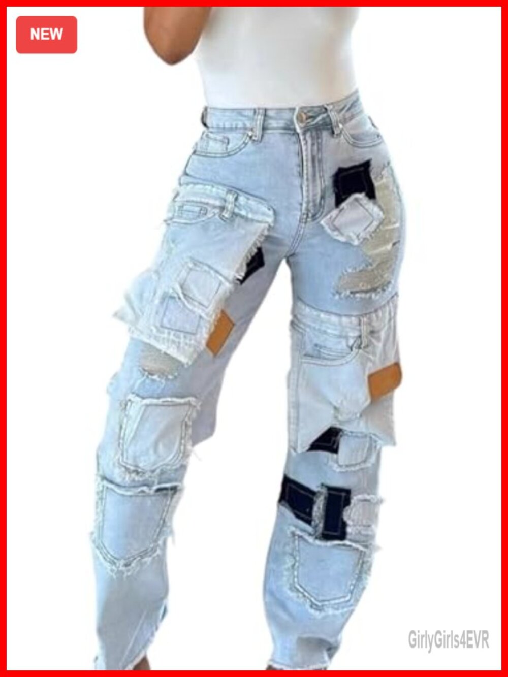 Women High Waisted Distressed Wide Leg Patchwork Jeans Raw Hem